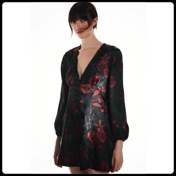 jacquard mini dress zara PUFF SLEEVE JACQUARD MINI DRESS